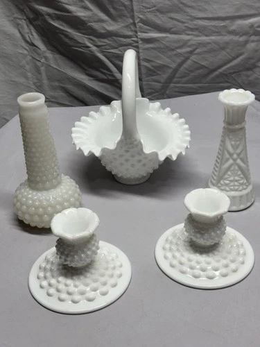 Vintage Mixed Lot of 5 Hobnail and Ruffled White Milk Glass Sticks, 2Vase,Basket