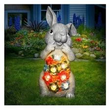 Garden Statue Rabbit with Solar Lights Bunny Figurine Outdoor Lighting New 