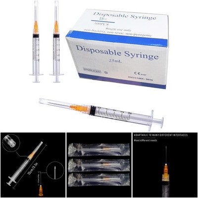 100 Pack 2.5ml 25 Gauge 1 Inch Luer Lock Syringes Individually Wrapped