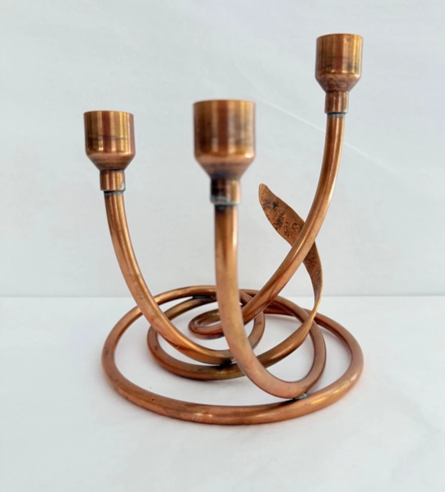 VTG 70s Danish Modernist Copper Art Swirl Tubes 3 Taper Candle Holder Hand Made - Image 3 of 4