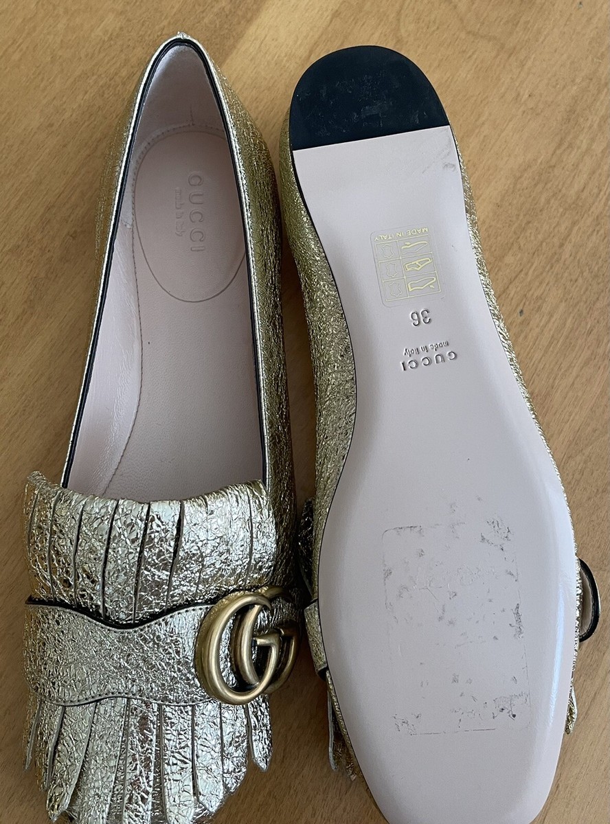 NIB GUCCI GG MARMONT Fringe Double G Logo Flat Shoe Gold NIB GUCCI GG MARMONT Fringe Double G Logo Flat Shoe Gold