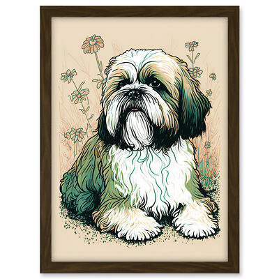 Shih Tzu Hund Gänseblümchen bunt Linolschnitt gerahmt Wandbild Bild Druck A3