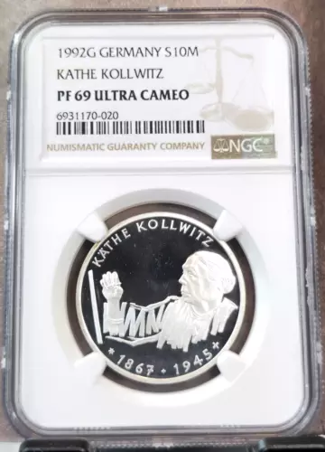 1992 GERMANY SILVER 10 MARK KATHE KOLLWITZ NGC PF 69 ULTRA CAMEO RARE TOP POP