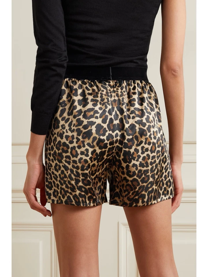 TOM FORD Velvet Trimmed Leopard Print Silk Blend Satin Short Women's Size M - Image 2 of 4
