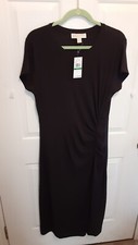 Michael Kors Black Stretch Rib Knit Cap Sleeve Twist Waist Pull On Dress L NEW