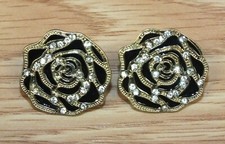 Unbranded Black  Gold Tone Rhinestone Rose Flower Women's Stud Earrings READ 