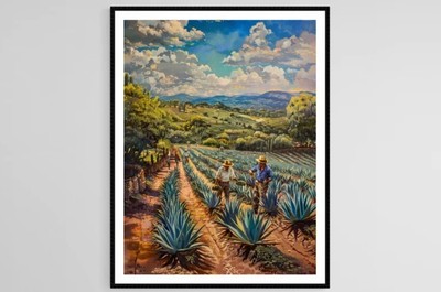 Mexican Agave Farm Art, Farmers Cutting Plants Painting, Traditional Farmers Pri