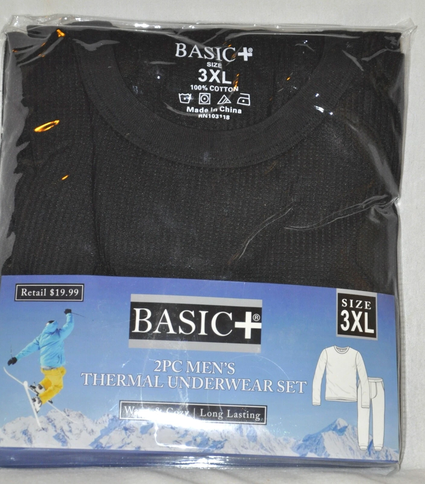 Basic+ Waffle Knit Thermal Underwear 2 Piece Set Black Men's 3XLarge NEW