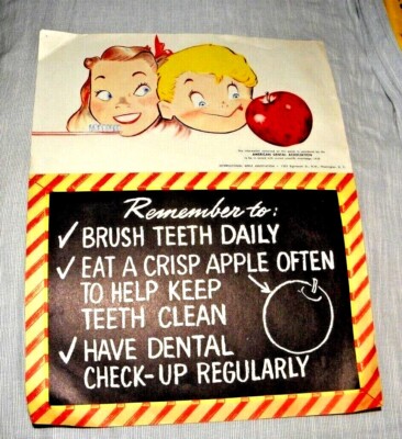 VINTAGE POSTER  EAT CRISP APPLES  BRUSH TEETH DAILY DENTAL CHECK UP 1958