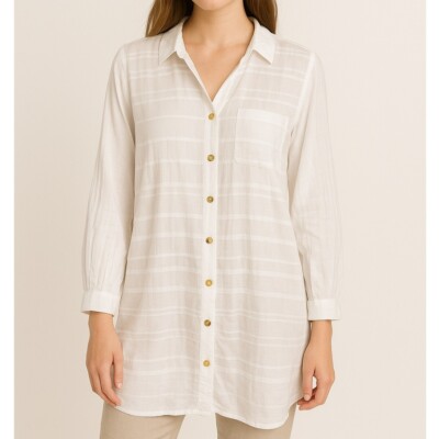CUE COLLECTION Button Down Tunic Top Sheer Striped Long Sleeve White Medium