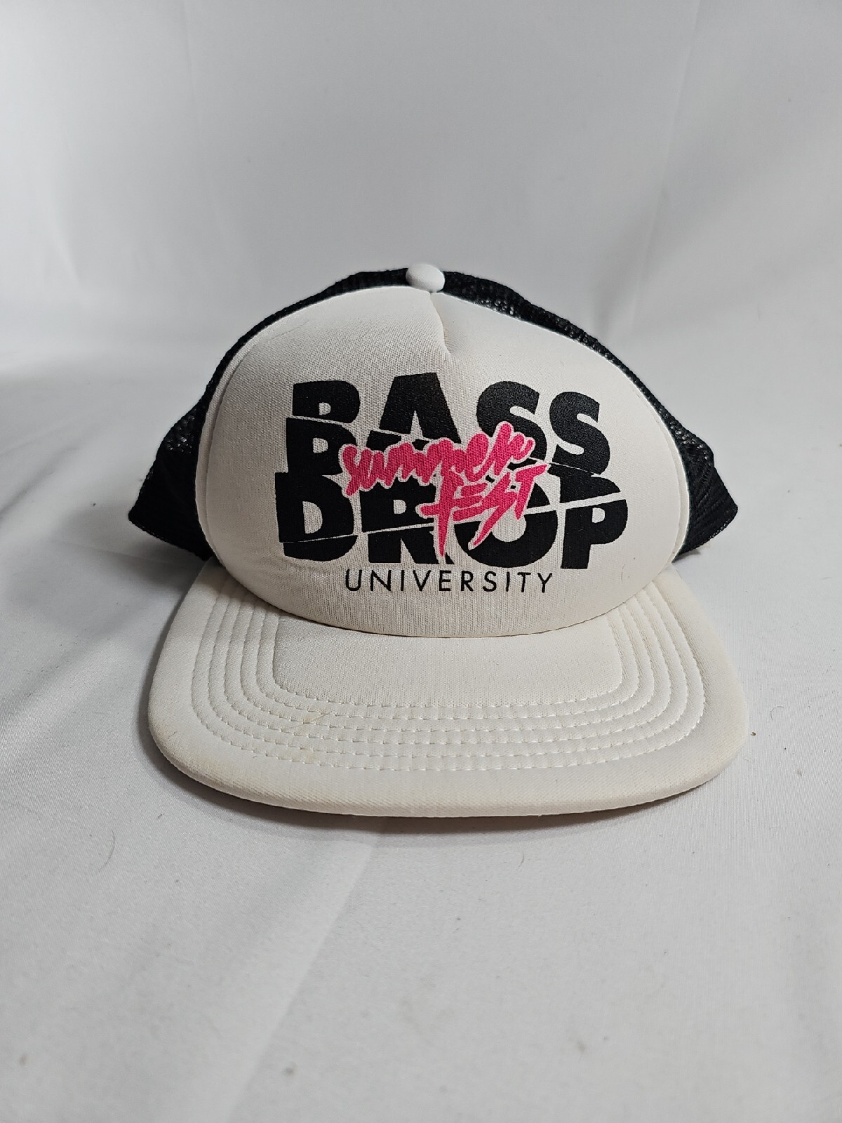 Bass Drop University Summer Fest Trucker Hat Cap White Black Mesh Adjustable