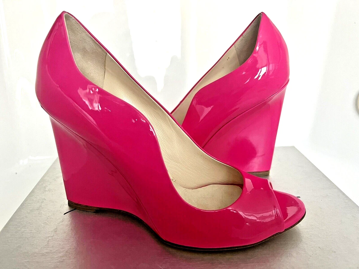 BRIAN ATWOOD 39 8 Hot Pink Patent Leather Scalloped Open Toe Wedge Heels  Shoes