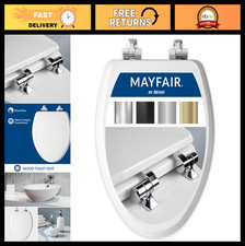 Elongated White Toilet Seat with Chrome Hinges, Slow Close, Easy Install, Wood