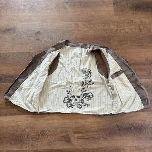 Vintage Y2K Utility Vest Size L Brown Plaid Skull Interior image 3