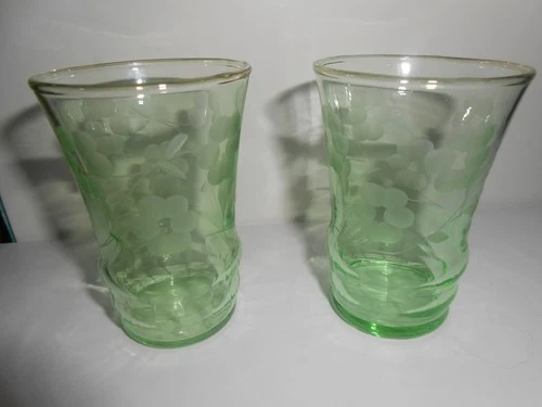 2 Green Depression Cordial Juice Glasses Uranium Wheel Cut Floral Etched Design