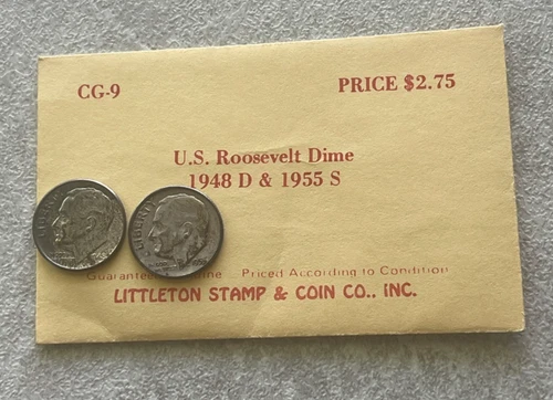 Pair of Roosevelt DImes (1948 D & 1955 S) - Silver Vintage Littleton Envelope L2