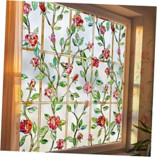  Stained Glass Window Privacy Film: 3D Rose Floral Decorative 35.4 x 78.7IN Red
