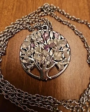 Tree of Life Necklace Silver Tone With Purple & White Stone Chips 34" 