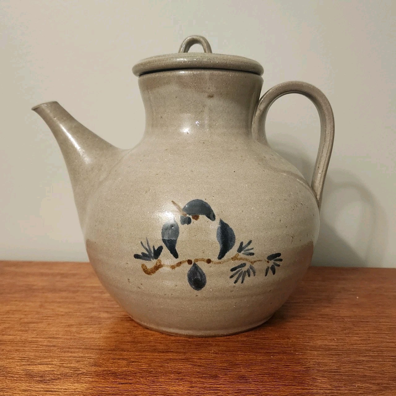 Jugtown Ware Pottery Coffee/Tea Pot Pitcher W/ Lid Bluebird 8” Tall 1983 Signed