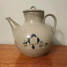 Jugtown Ware Pottery Coffee/Tea Pot Pitcher W/ Lid Bluebird 8” Tall 1983 Signed