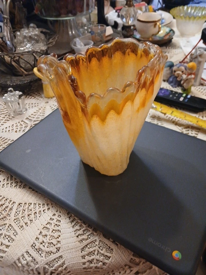 Bubble Art Glass Handkerchief Vase, Amber and White, Clear