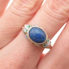 925 Sterling Silver Gold Plated Vintage Enamel Real Lapis Floral Ring Size 8