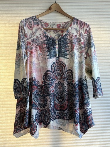 One World Live & Let Live Top Large Stretch Hi-Low Floral Embellished
