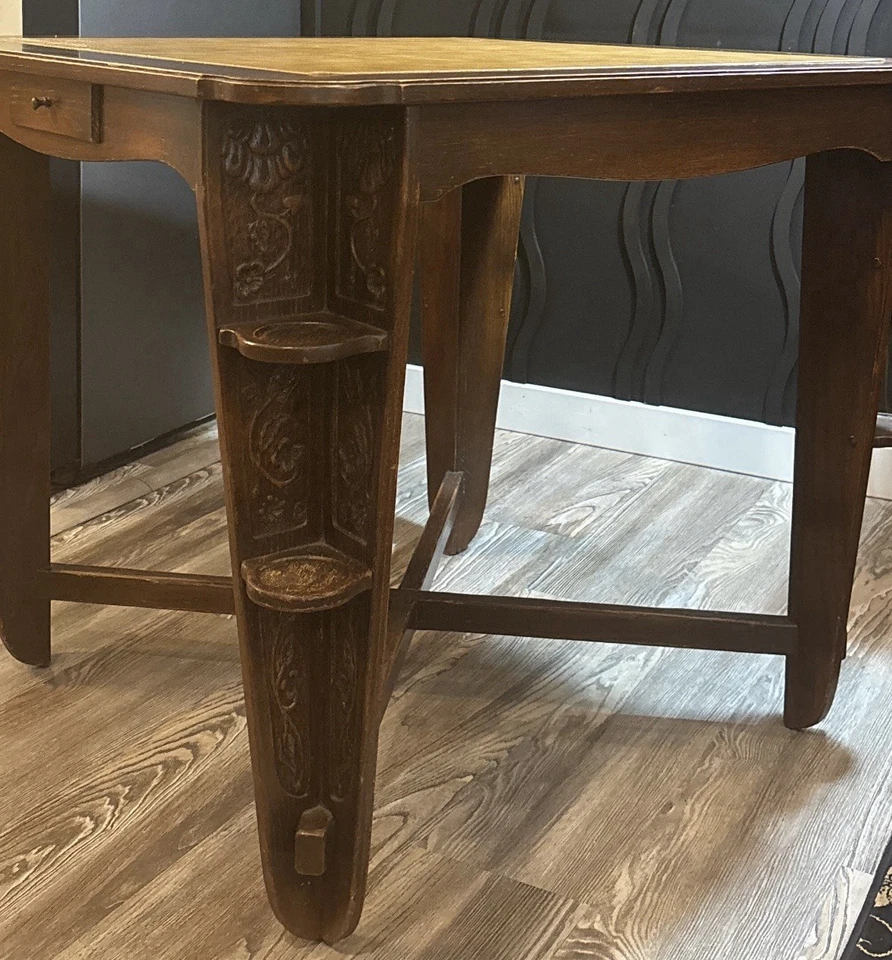 Antique Romweber Viking Oak Game Card Poker Table – Carved Cup Holders Cigar Bar - Image 4 of 4