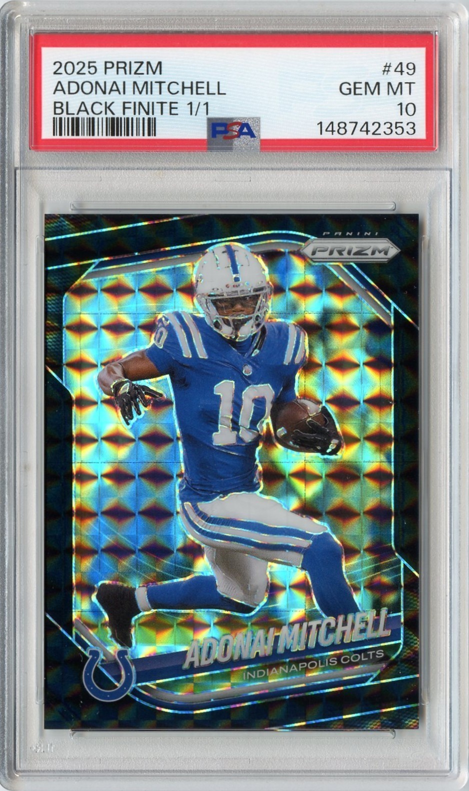 ADONAI MITCHELL 2025 PANINI PRIZM BLACK FINITE PRIZM #'D 1/1 #49 PSA 10 GEM JETS