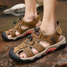 Men's Leather Closed Toe Hollow Out Sandals Non-slip Outdoor Sport Casual Shoes