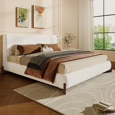 Queen Upholstered Platform Bed Frame with Headboard, Easy Assembly, White