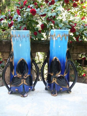 Rare paire de vases en barbotine de Sarreguemines Art Nouveau Jugendstil - Photo 1/4