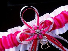 Fuchsia Pink White Satin GARTER TOSS Prom Wedding Bridal Fushcia Double Hearts