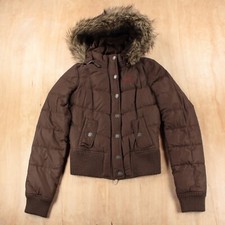 Hollister Faux Fur Hooded Down Puffer Jacket Medium Vtg 00s Y2k Retro Surfer