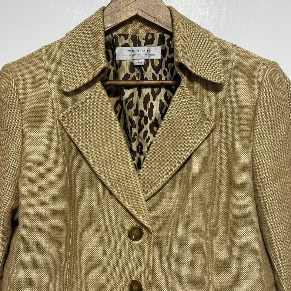 Blazer Tahari Arthur Levine para mujer 10 mezcla de lino tostado 3 bolsillos con botones carrera Foto 2 de 4