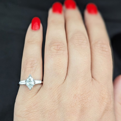 1950s GIA Marquise Cut Diamond Baguette Platinum Engagement Ring Vintage Estate - Picture 5 of 13