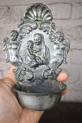 Antique marked pewter tin holy water font angels madonna