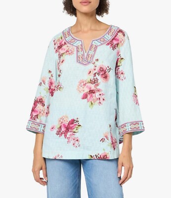 NWT John Mark Plus 2X Floral Print Embroidered Beaded 3/4 Sleeves Tunic