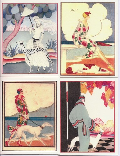 Juego de 4 tarjetas de arte para perro galgo Vogue/Art Deco con sobres