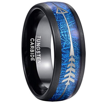Ebay Wedding Band Men Women 8mm Black Tungsten Ring with Blue Meteorite & Arrow
