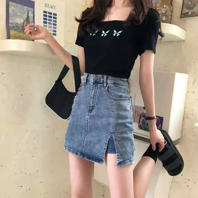Tight high waisted denim skirt cheap