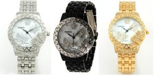 DESIGNER'S GENEVA 3D BUTTERFLY GOLD,BLACK,SILVER TONE+CRYSTALS MOP DIAL WATCH