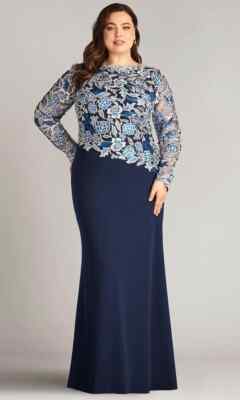Tadashi Shoji Too Pacific Blue Embroidered Floral Lace Crepe Gown Size 20W $538