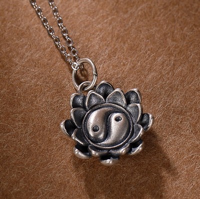 Pendant Yin Yang Symbol in Lotus Flower Sterling Silver 925
