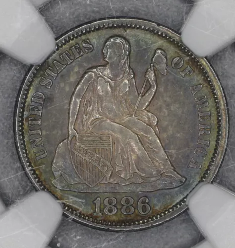1886 Seated Dime NGC AU details - Rainbow Toning