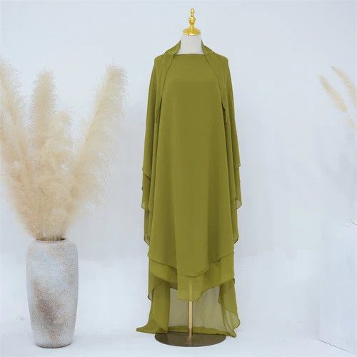 Two Layers Muslim Ramadan Women Large Khimar Hijab Niqab Burqa Tops Kaftan Dress