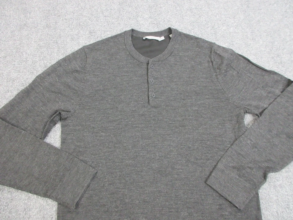 Suéter Vince Para Hombre Gris Medio Lana Botón Henley Informal Preppy Ligero Foto 3 de 4