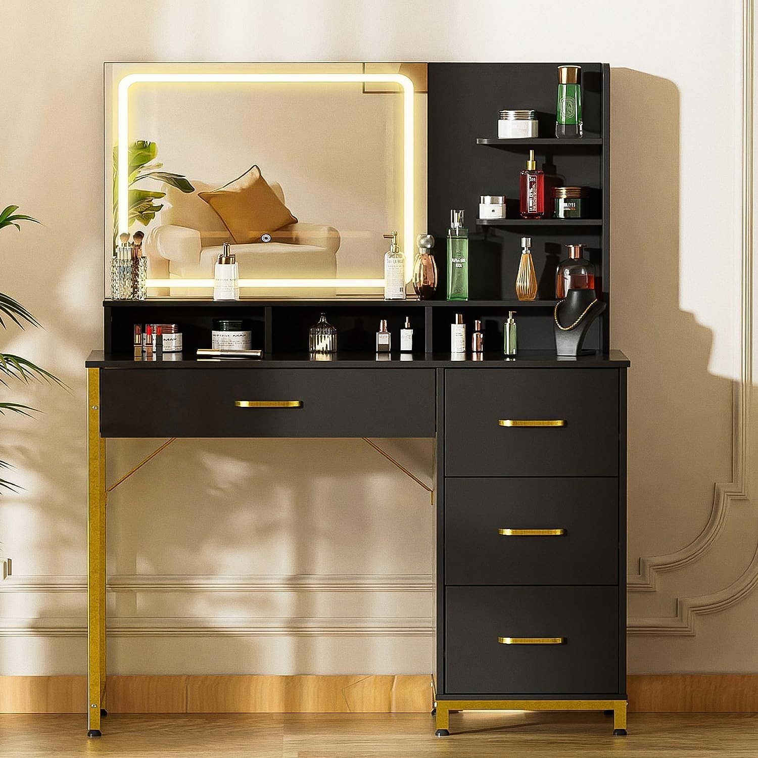 Vanity Desk with Mirror and Lights - Large Capacity Makeup Vanity with 4 Fabric