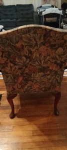 Vintage Floral Tapestry Upholstered Accent Armchair with Carved Wood Frame