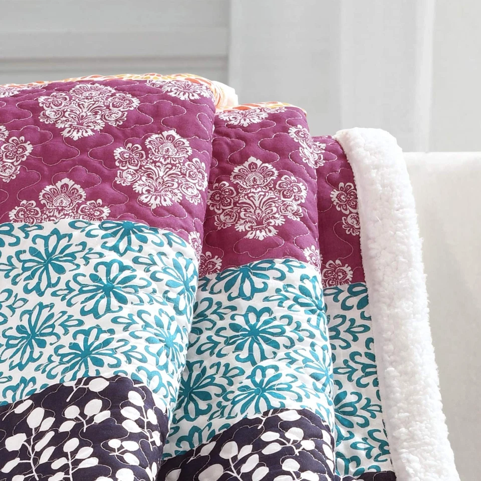 Manta Sherpa Bohemia Rayas, 50" W x 60" L, Fucsia y Naranja - Negrita... Foto 4 de 4